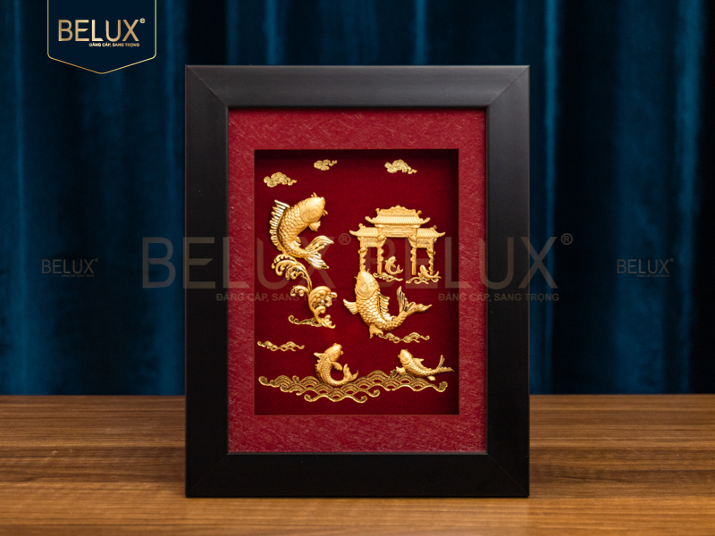 Tranh Cá Chép Vượt Vũ Môn Dát Vàng 24k- 25x20cm